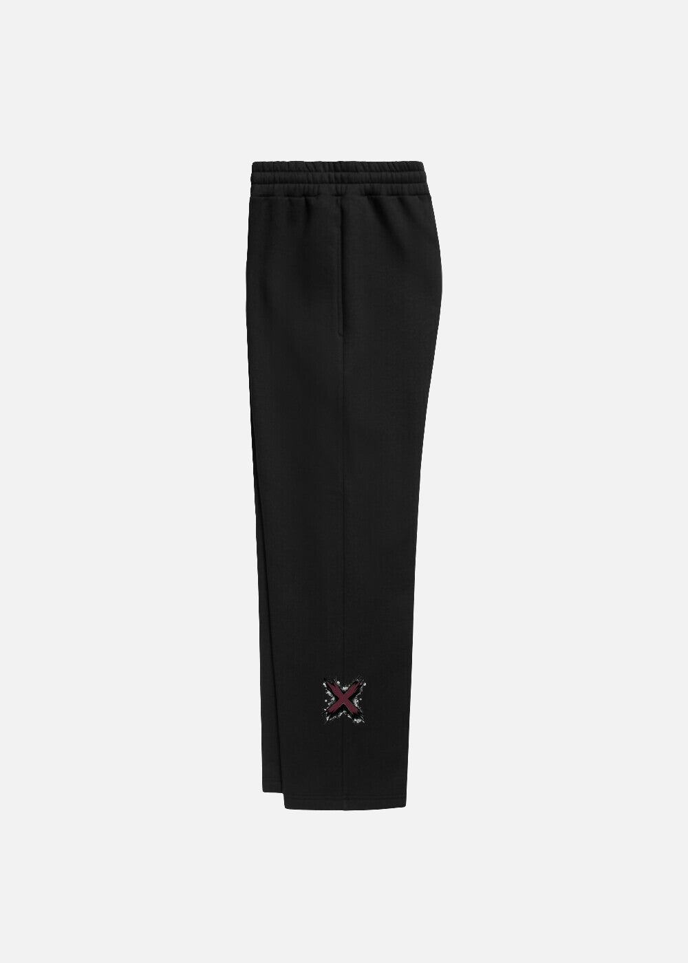 MAXOMclo Red Obsidian sweatpants – left side view showing clean silhouette and red script detail. Premium cotton streetwear design.