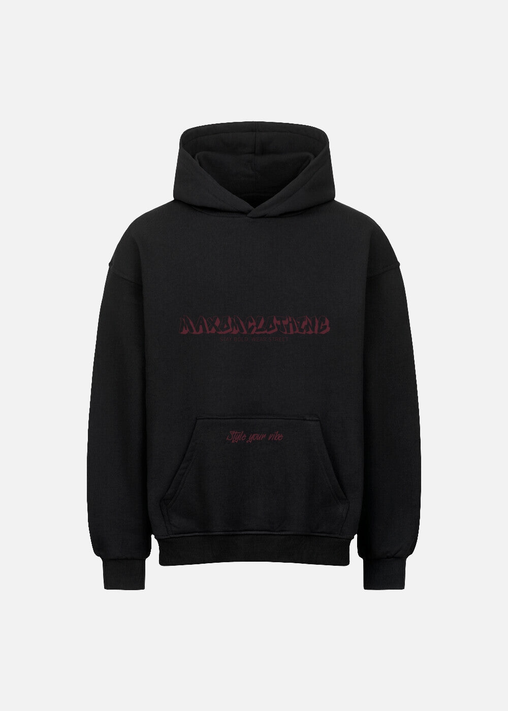 MAXOMclo Red Obsidian hoodie in black – oversized streetwear hoodie with red script print. Premium cotton, bold look, unisex fit.