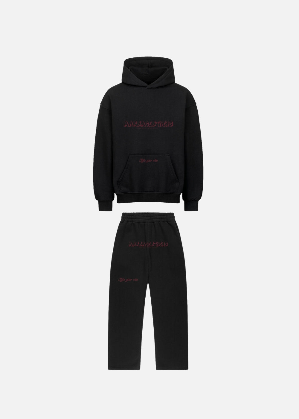 Front view of MAXOMclo Red Obsidian set with black hoodie and black baggy joggers. Premium unisex streetwear set in a bold red-on-black urban style.