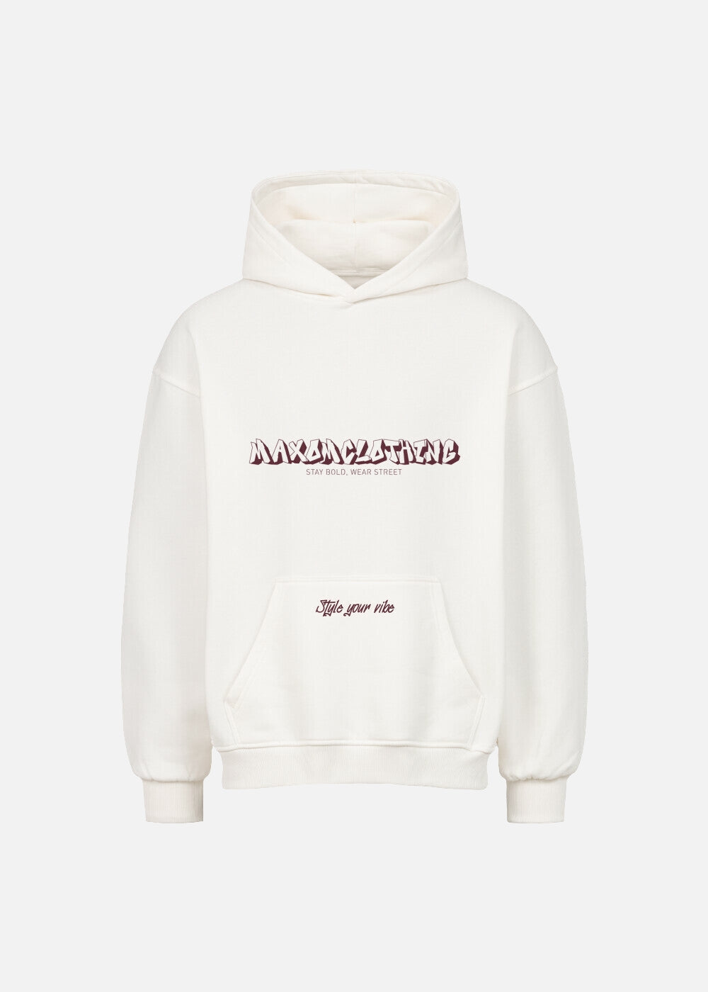 MAXOMclo Red Obsidian oversized hoodie in white – front view with bold red script. Heavyweight 380 GSM streetwear piece for relaxed unisex fashion.