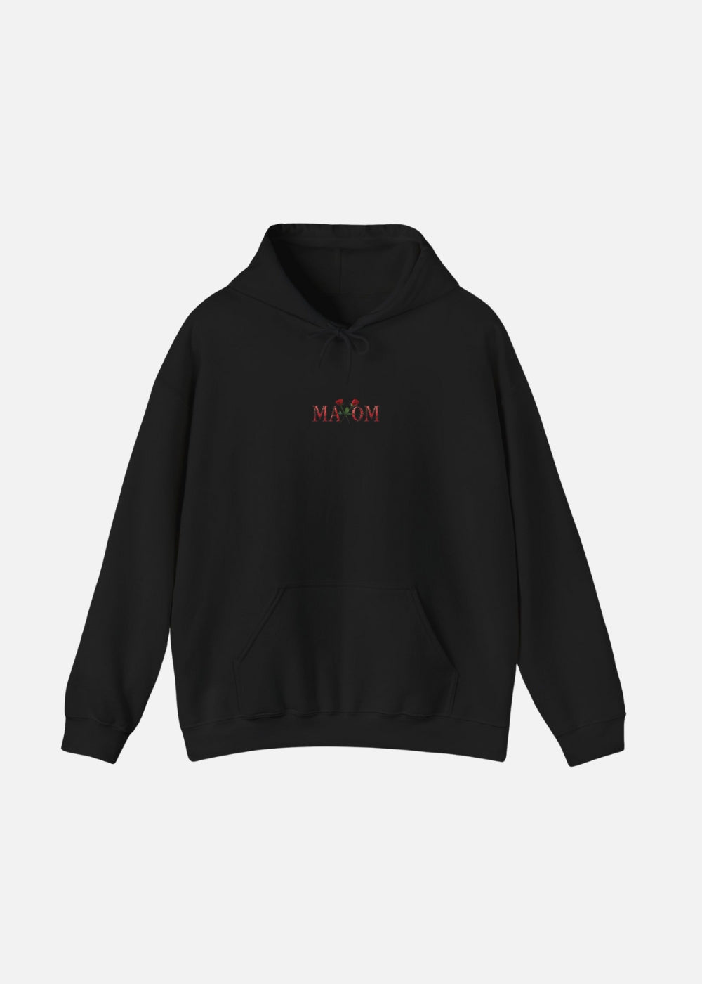 Black rose graphic hoodie front view – unisex motivational streetwear hoodie with floral print by MAXOMclo