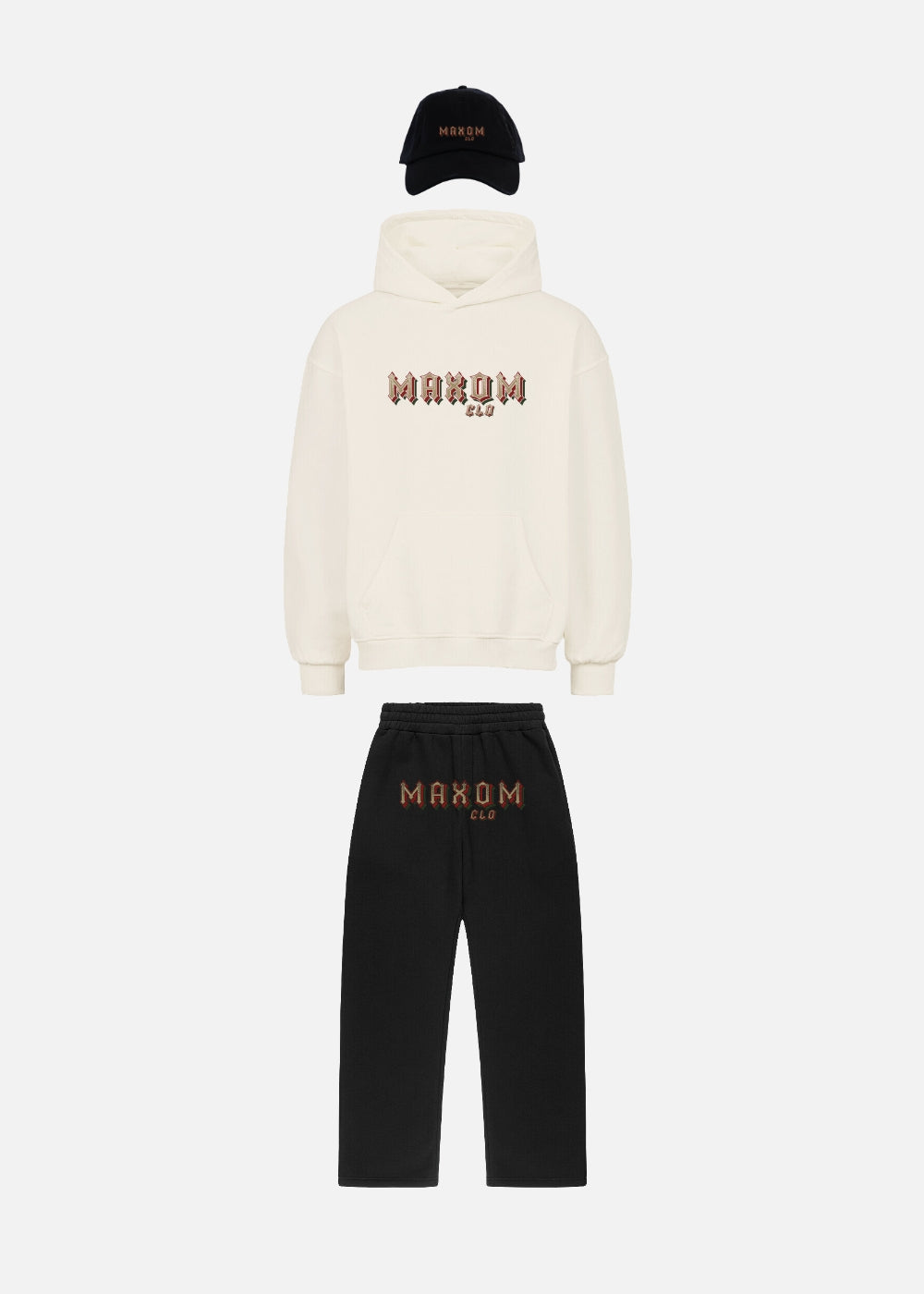 Rose Reaper beige hoodie streetwear set – premium oversized hoodie, black joggers and cap for unisex street fashion