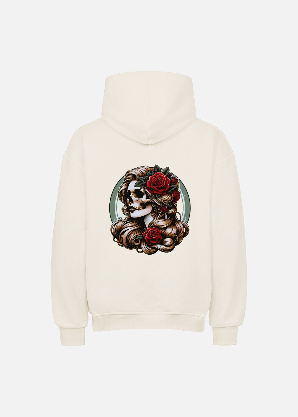 Back view of beige Rose Reaper hoodie – heavyweight unisex streetwear hoodie with a cordless minimalist silhouette
