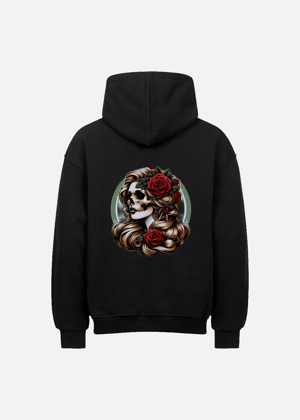 Back view of Rose Reaper unisex black hoodie – bold cotton blend streetwear hoodie for modern casual outfits