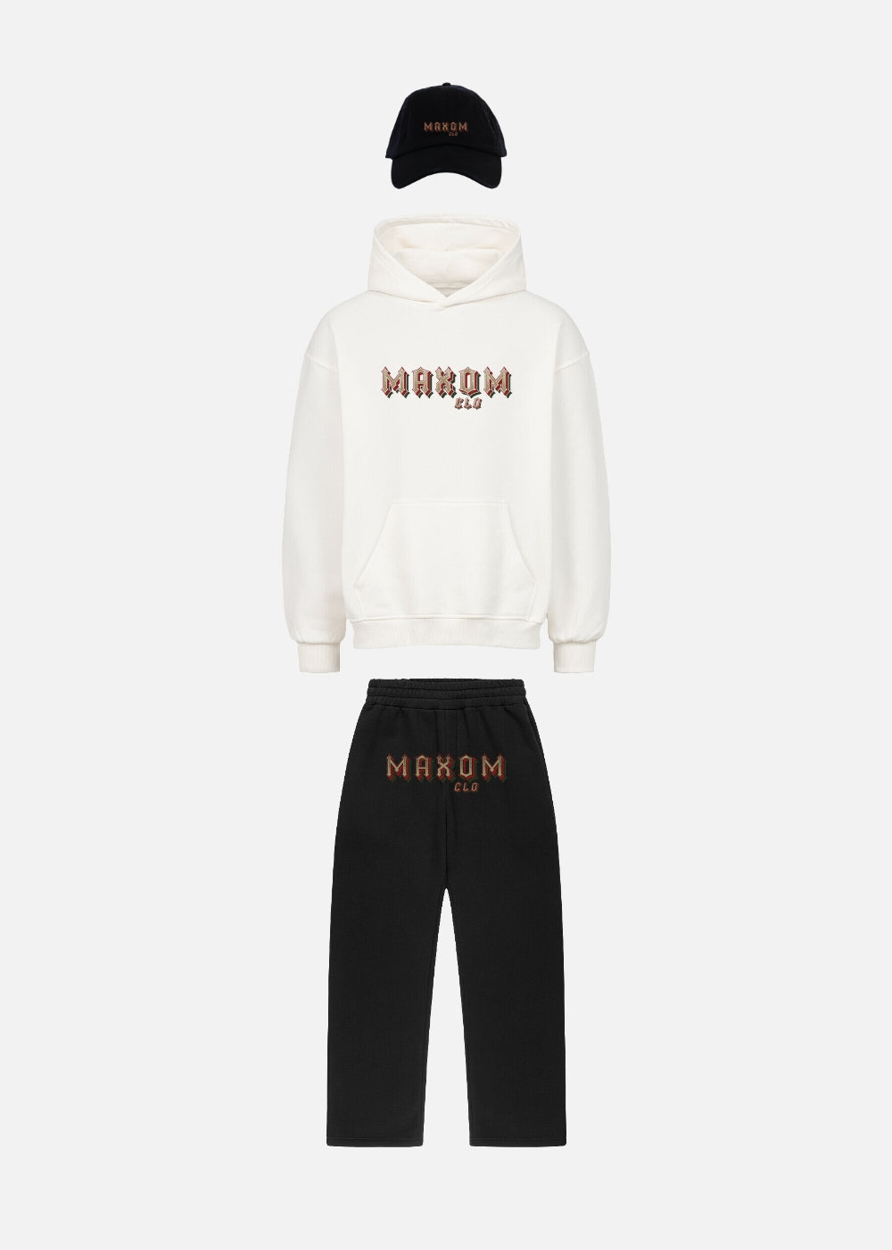 Rose Reaper urban outfit bundle – white oversized hoodie, black sweatpants and black cap streetwear set for men and women