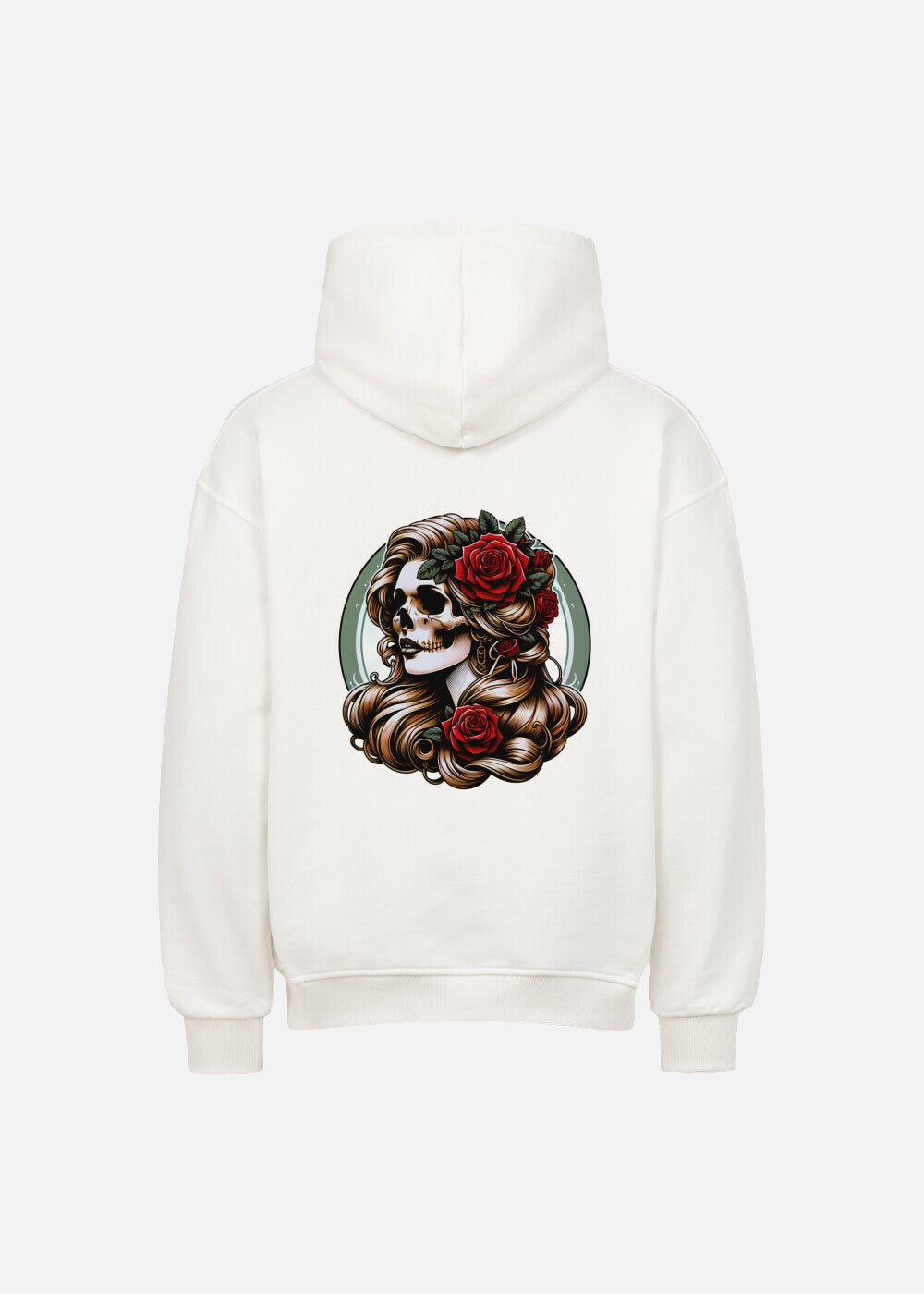 Back view of Rose Reaper white cotton hoodie – minimalist unisex streetwear design for layering in cold weather