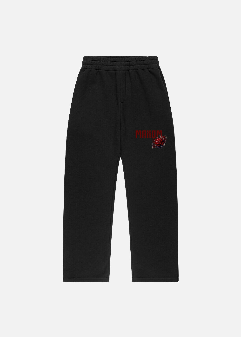 Black oversized rose design sweatpants – unisex baggy streetwear joggers with drawstring waist and bold red accents