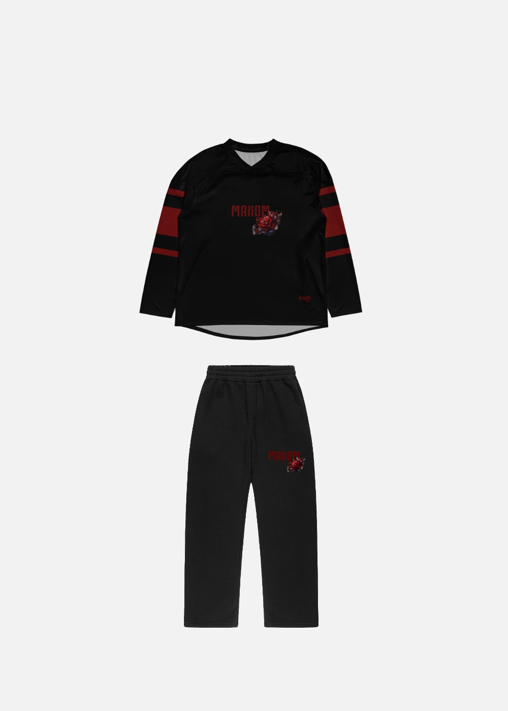 Roses streetwear outfit front view – unisex oversized sweater and baggy sweatpants set with bold red floral design by MAXOMclo