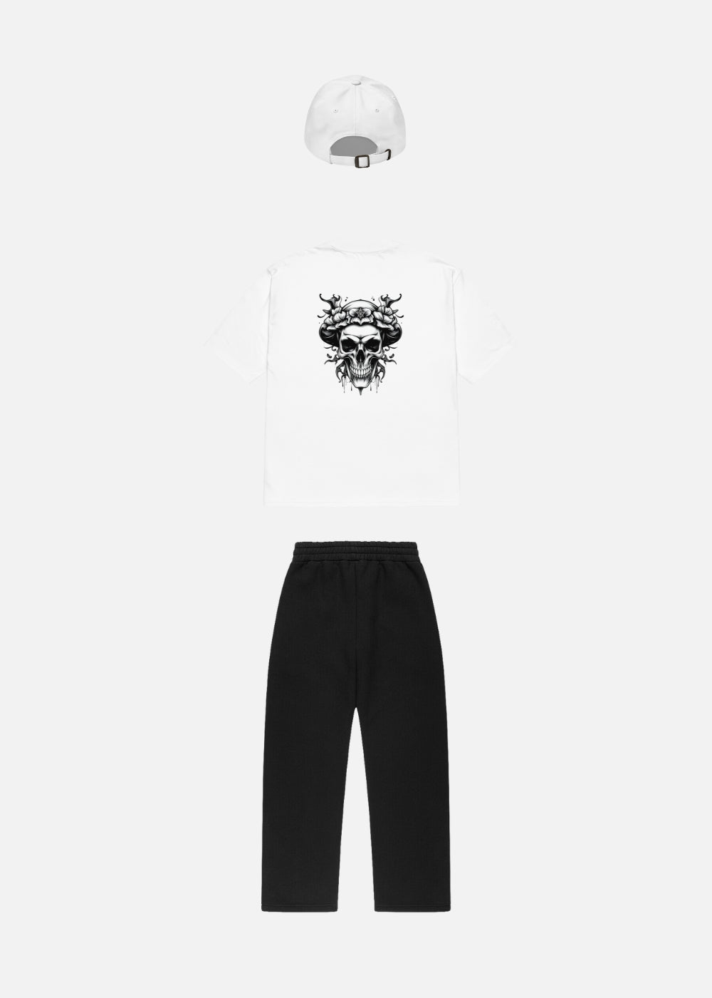 Back view of Skullflow Essentials Oversized Streetwear Set featuring white cap – perfect minimalist fit for men and women in motion.
