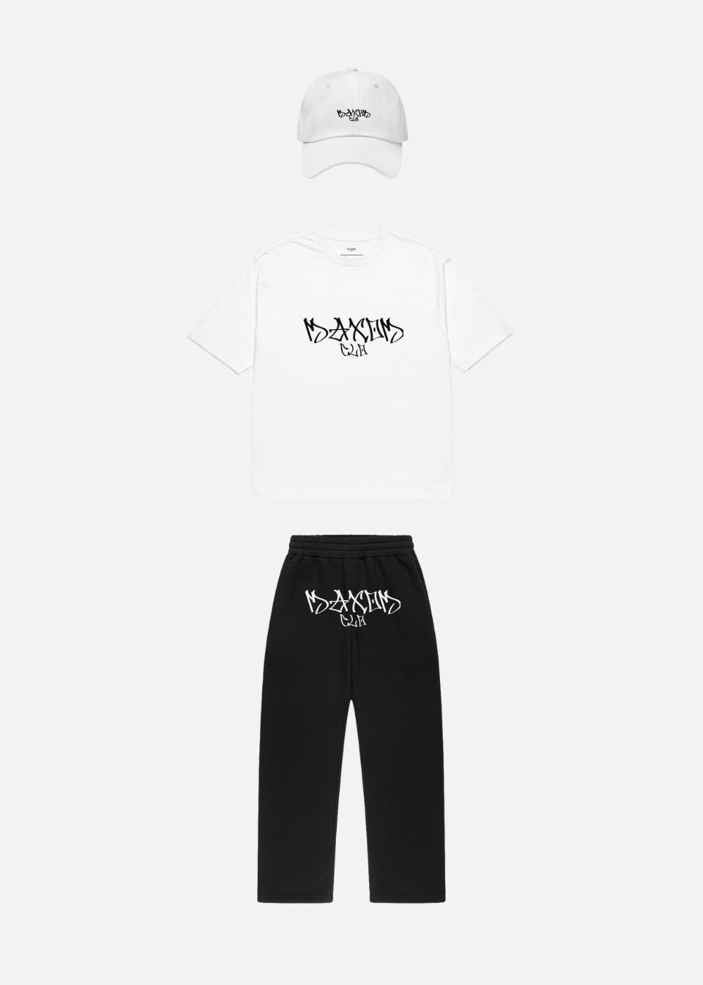 Skullflow Essentials Bundle front with white cap – relaxed tee and joggers paired with crisp cap for a clean urban aesthetic.