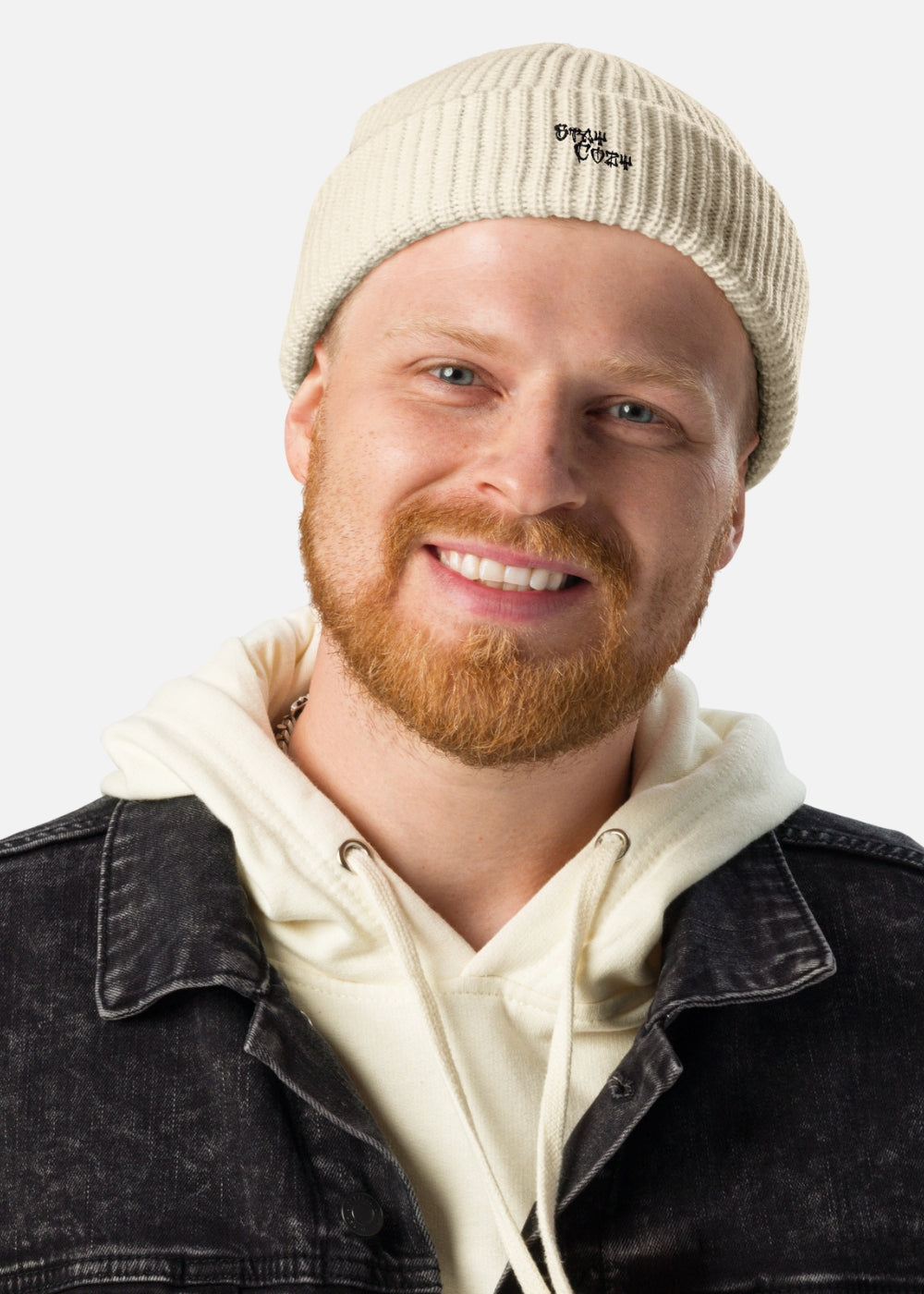 Male model in beige Stay Cozy knit beanie – casual fisherman-style streetwear hat for winter