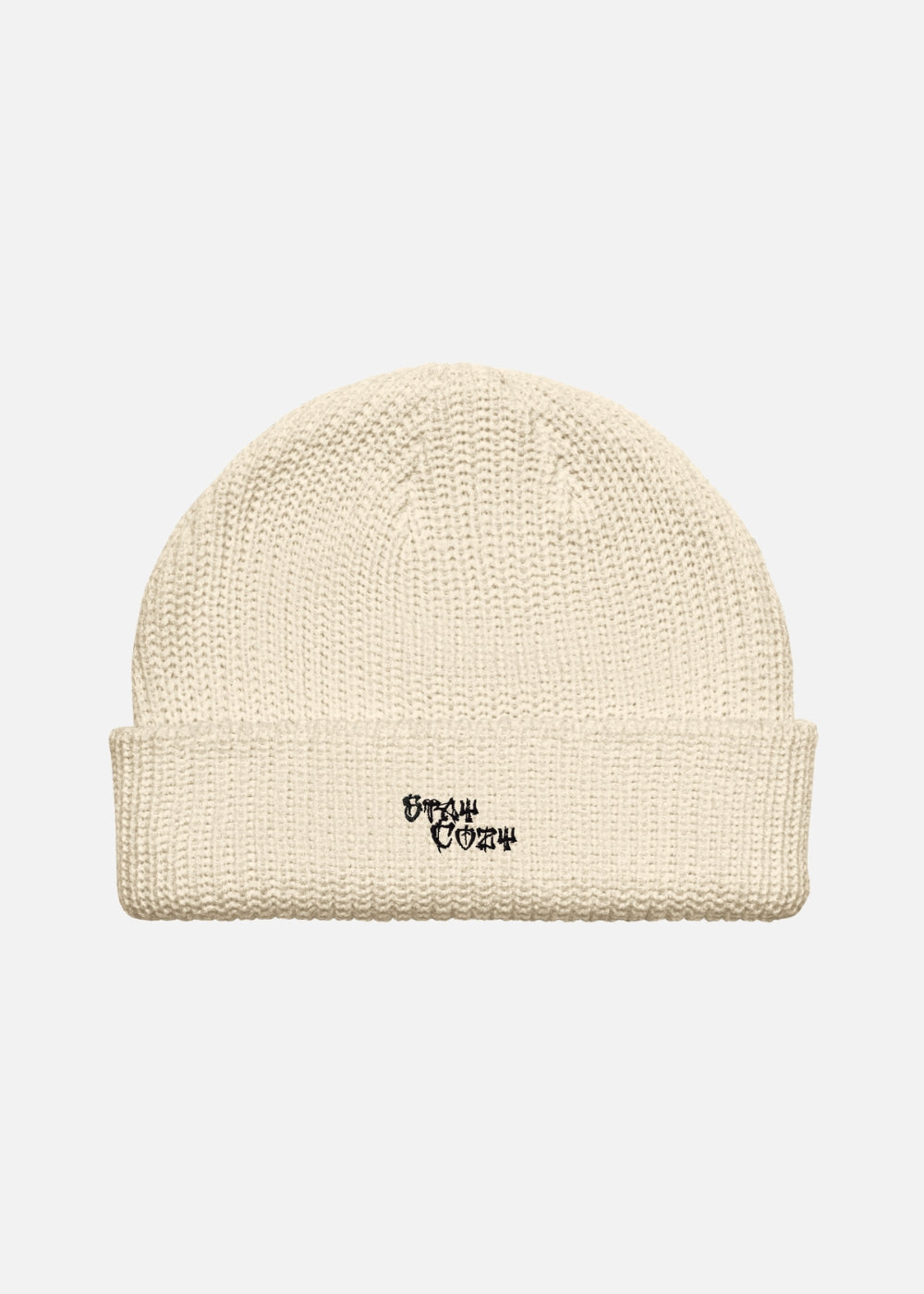 Beige Stay Cozy fisherman beanie – urban ribbed knit streetwear hat with cross embroidery for men and women