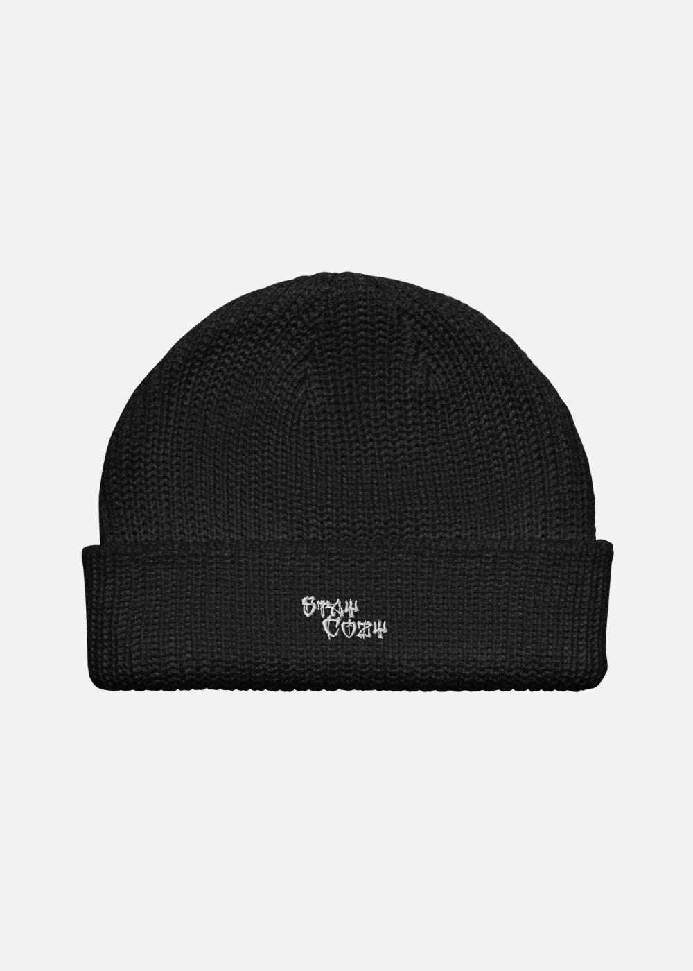 Black Stay Cozy fisherman beanie – ribbed knit urban streetwear hat with bold cross design for men and women