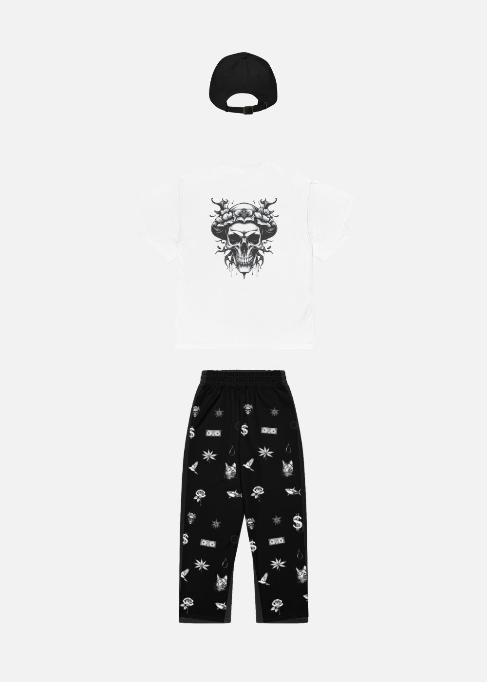 Rear view of urban fashion outfit set with black cap – comfy joggers and tee bundle for unisex streetwear lovers.