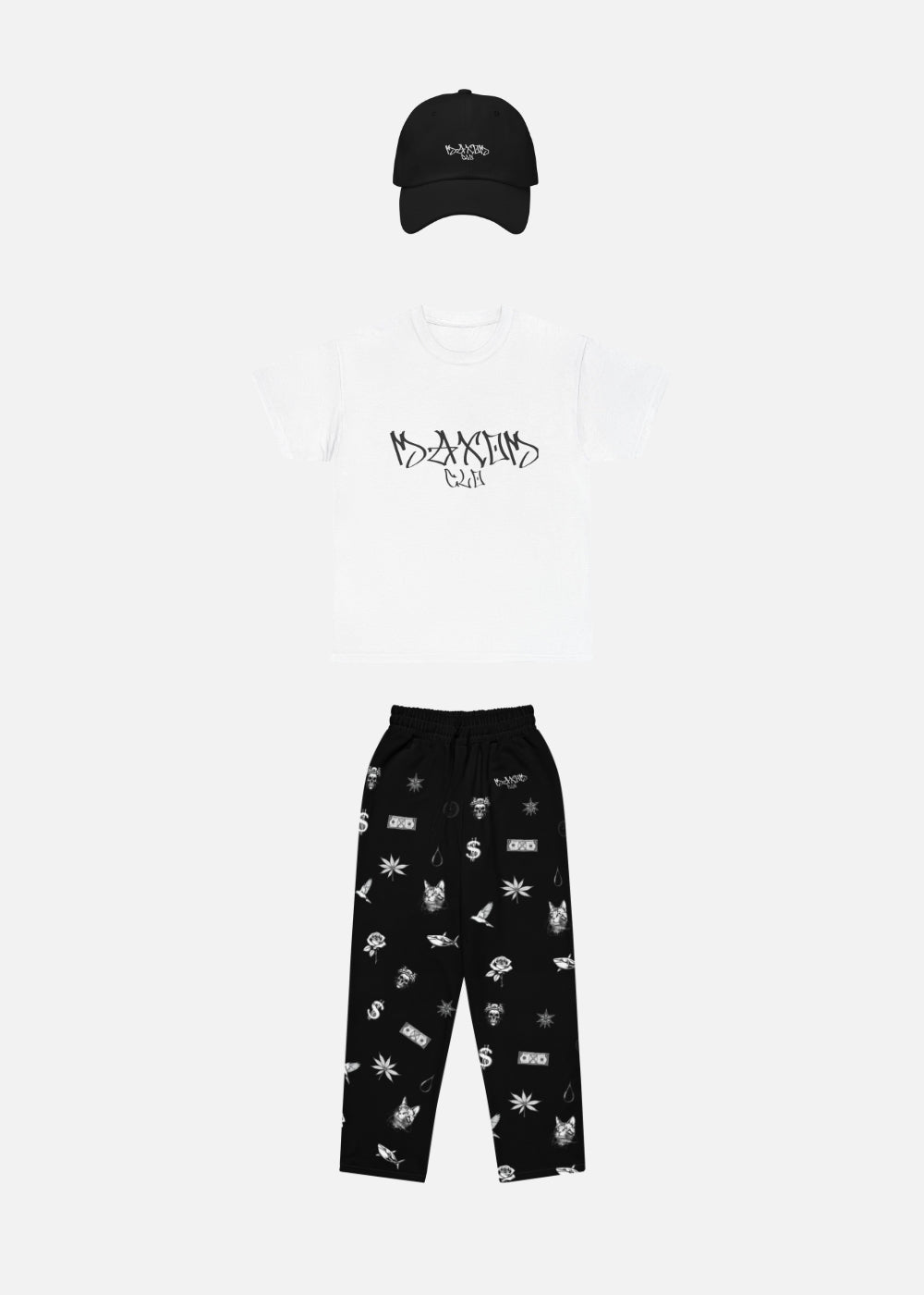 Urban Streetwear Outfit Bundle front view with black cap – casual tee, relaxed joggers and cap combo for everyday street fashion.