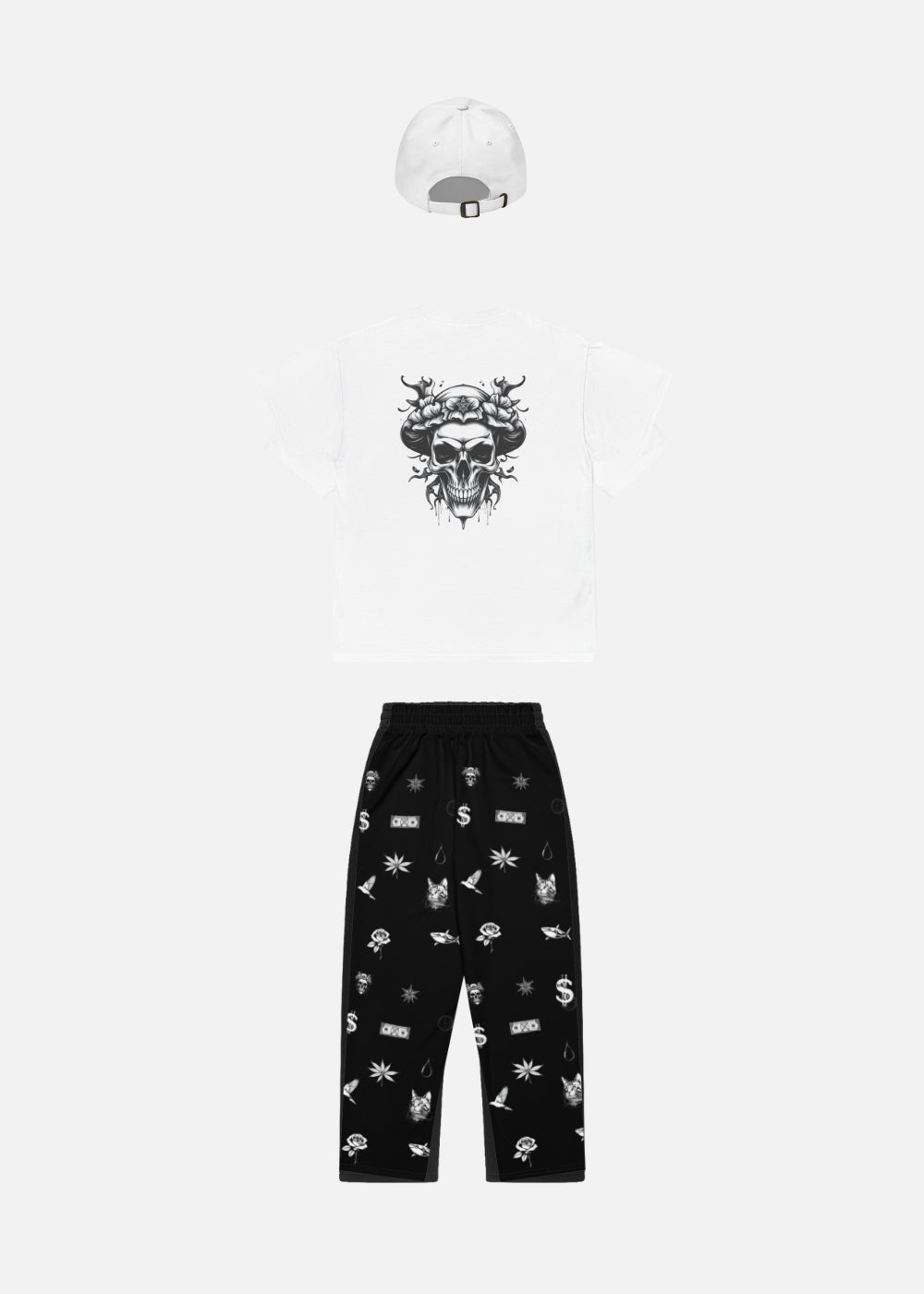 Back of unisex streetwear outfit set with white cap – complete casual bundle for men and women in street style.