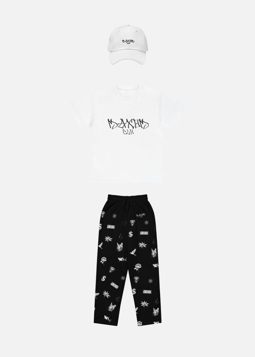 Urban streetwear clothing set with white cap – relaxed tee and sweatpants for fresh everyday urban looks.