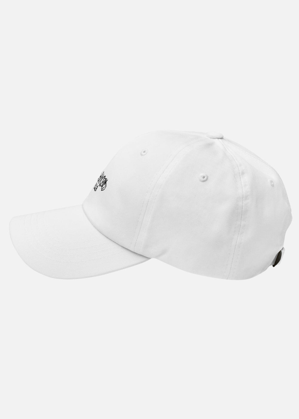 Left angle of white minimalist low-profile cap – lightweight urban streetwear accessory for men and women.
