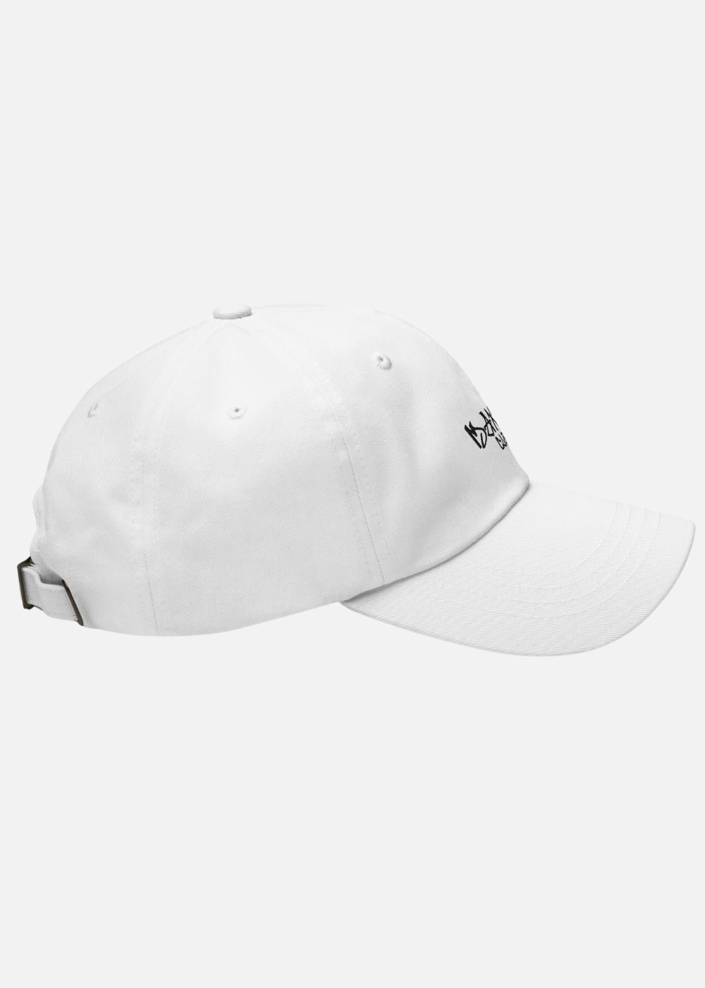 Right side of white chino cotton low-profile cap – breathable and adjustable for everyday streetwear fits.