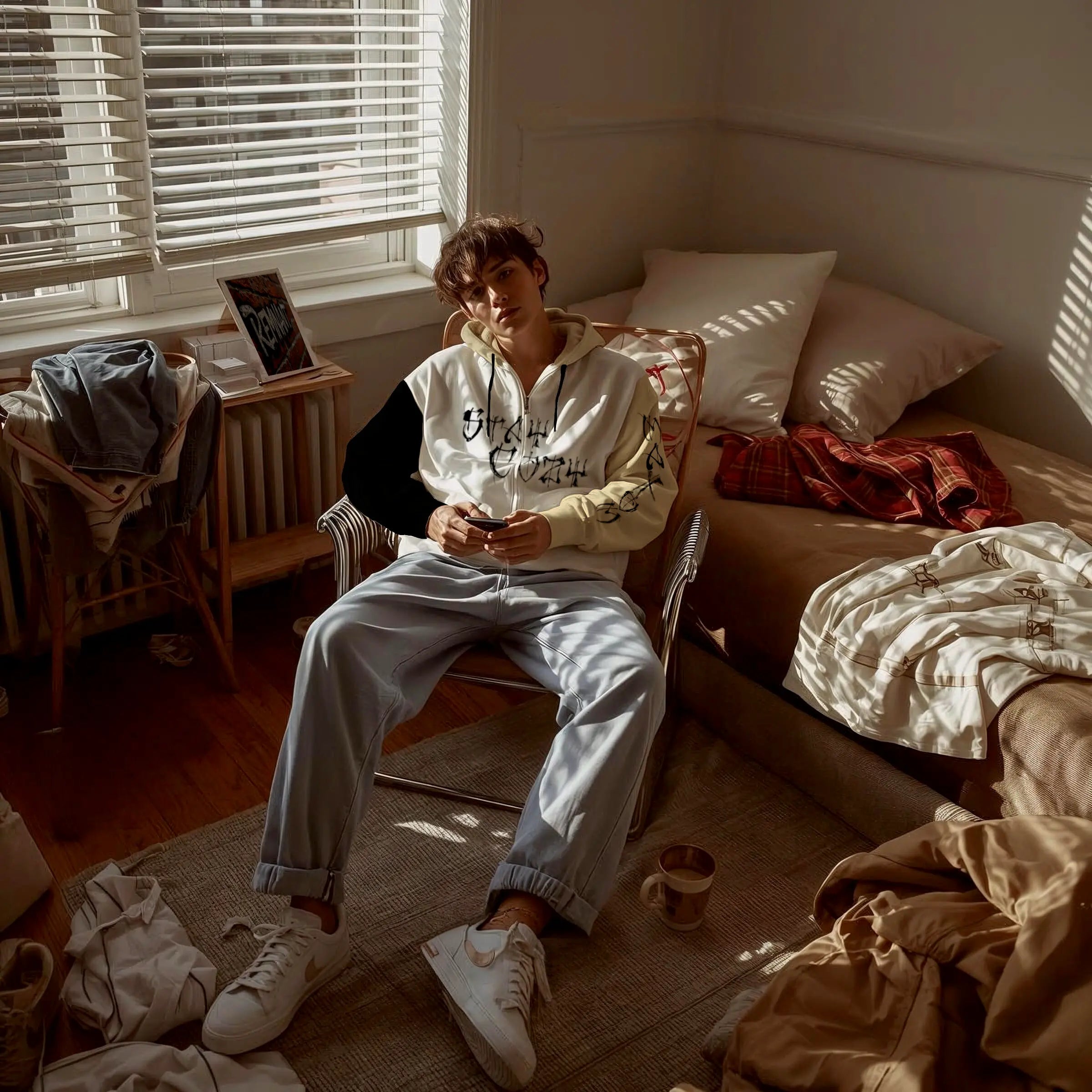 Young man wearing relaxed fit MAXOMclo zip hoodie made from recycled polyester fleece – sustainable unisex streetwear hoodie for casual urban layering, featured in cozy indoor banner setting.