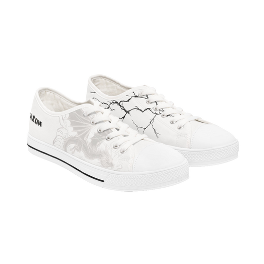 MAXOMclo Women’s White Leather Low Top Sneakers – Dragon Design with Lightning Bolt and MAXOM Logo for Bold Street Style