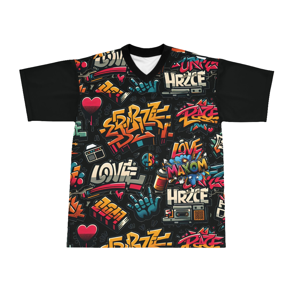 Graffiti Print Unisex Shirt – Trendy Urban Streetwear & Athletic Apparel for Men & Women. Cool graphic design with MAXOM logo and stickers, perfect for sporty and casual looks. Ideal for street style fashion, urban wear, and outdoor activities.