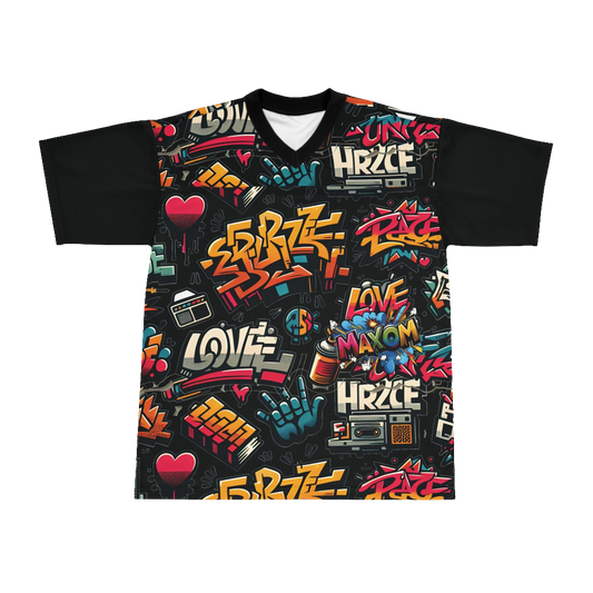 Graffiti Print Unisex Shirt – Trendy Urban Streetwear & Athletic Apparel for Men & Women. Cool graphic design with MAXOM logo and stickers, perfect for sporty and casual looks. Ideal for street style fashion, urban wear, and outdoor activities.