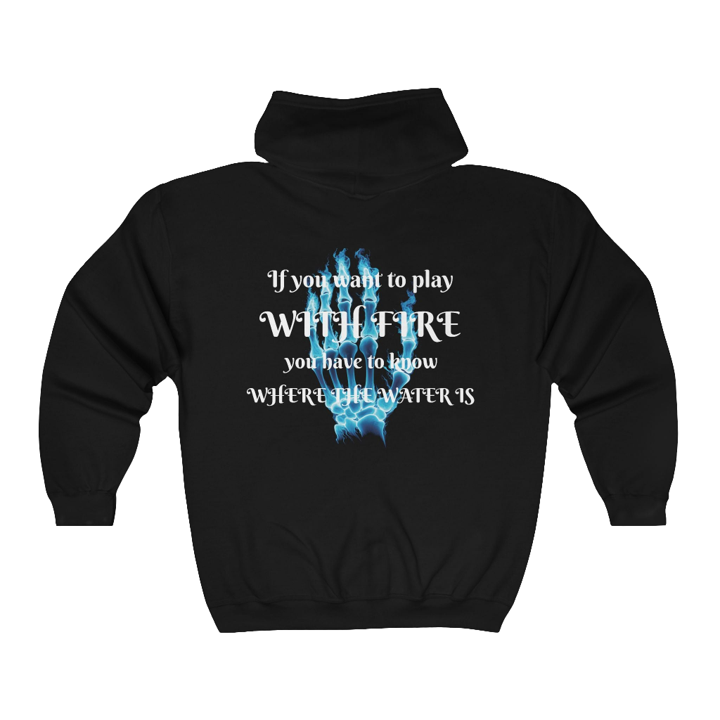 Unisex Blue Flames Graphic Hoodie – Skeleton Hand with Motivational Saying