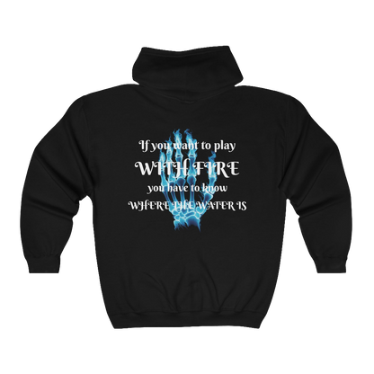 Unisex Blue Flames Graphic Hoodie – Skeleton Hand with Motivational Saying