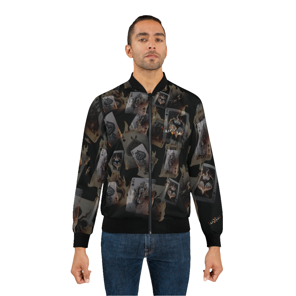 MAXOM Men's Graphic Bomber Jacket with Bold Burning Card Design