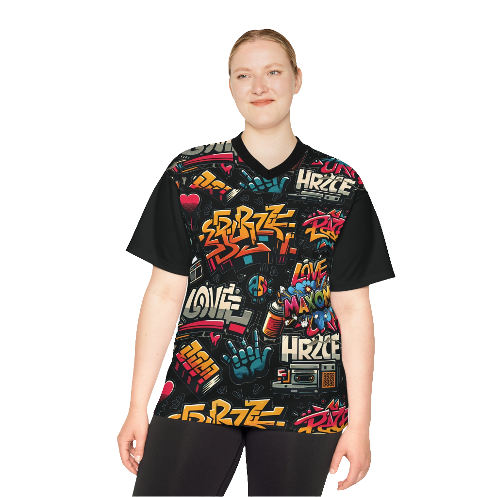 Graffiti Print Unisex Shirt – Trendy Urban Streetwear & Athletic Apparel for Men & Women. Cool graphic design with MAXOM logo and stickers, perfect for sporty and casual looks. Ideal for street style fashion, urban wear, and outdoor activities.