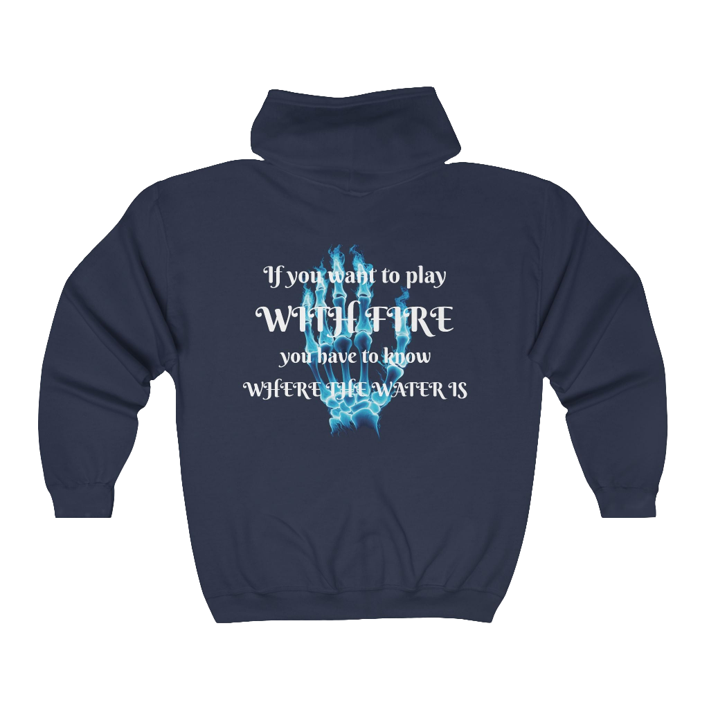 Unisex Blue Flames Graphic Hoodie – Skeleton Hand with Motivational Saying