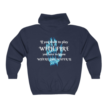 Unisex Blue Flames Graphic Hoodie – Skeleton Hand with Motivational Saying