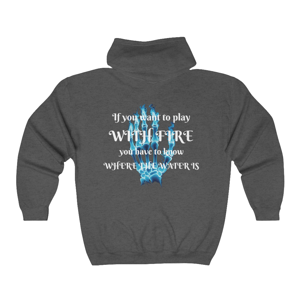 Unisex Blue Flames Graphic Hoodie – Skeleton Hand with Motivational Saying