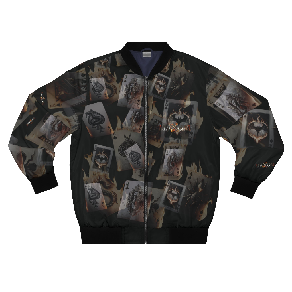 MAXOM Men's Graphic Bomber Jacket with Bold Burning Card Design