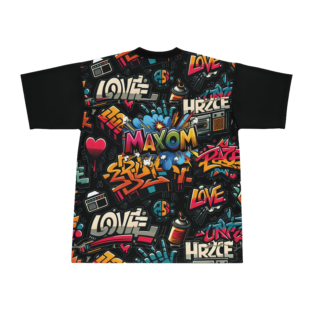 Graffiti Print Unisex Shirt – Trendy Urban Streetwear & Athletic Apparel for Men & Women. Cool graphic design with MAXOM logo and stickers, perfect for sporty and casual looks. Ideal for street style fashion, urban wear, and outdoor activities.