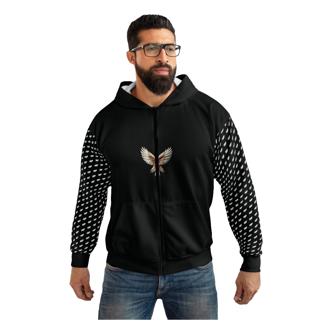 MAXOM Black Griffin Zip-Up Hoodie with Wing Design and Griffin Graphic