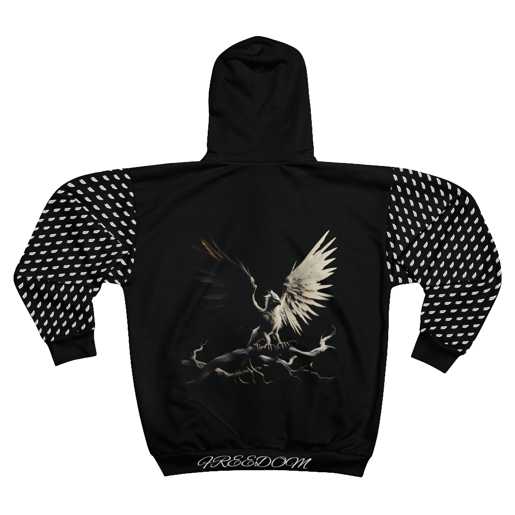 MAXOM Black Griffin Zip-Up Hoodie with Wing Design and Griffin Graphic