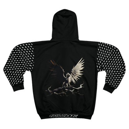 MAXOM Black Griffin Zip-Up Hoodie with Wing Design and Griffin Graphic