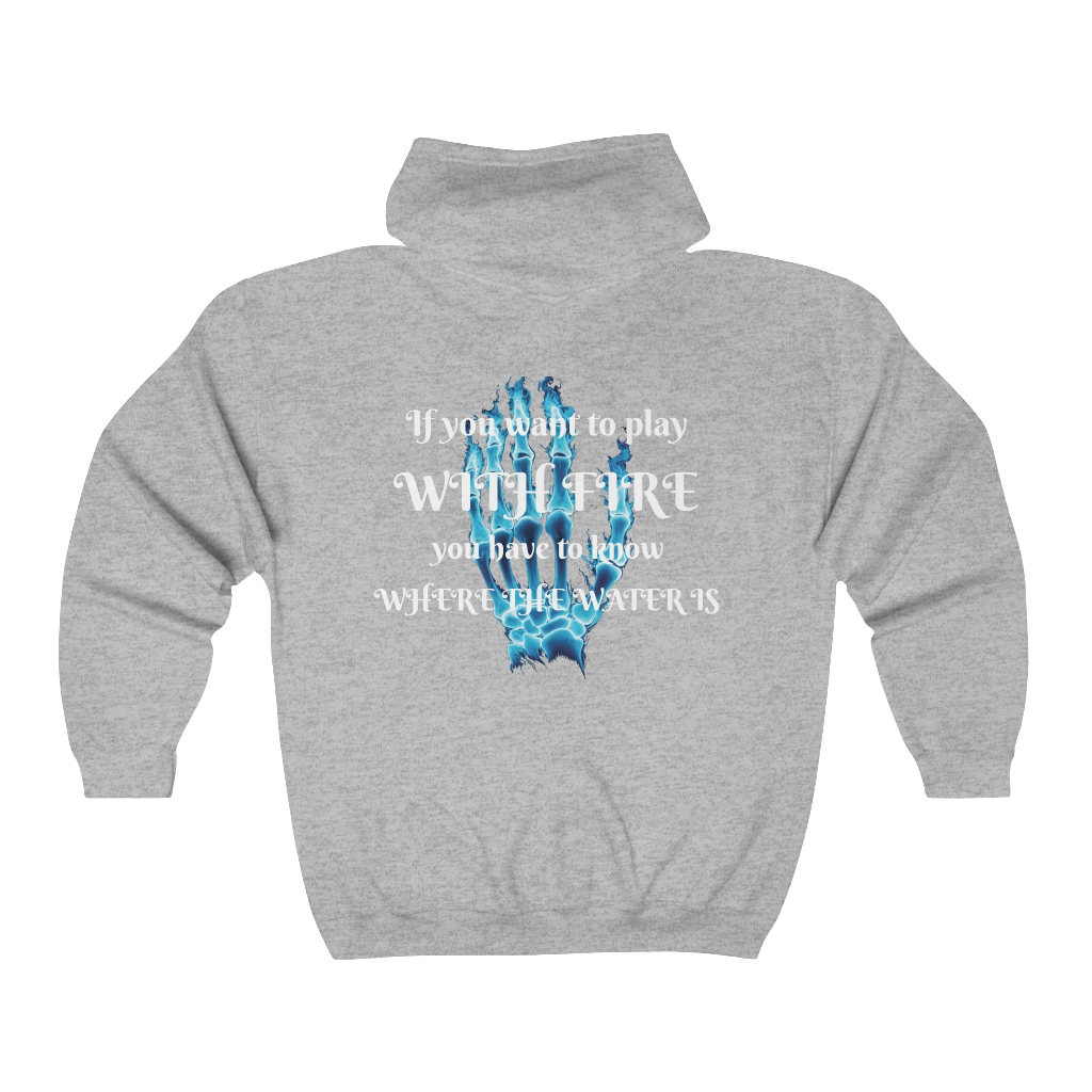 Unisex Blue Flames Graphic Hoodie – Skeleton Hand with Motivational Saying