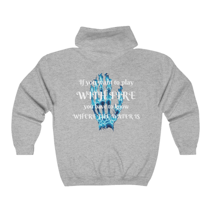 Unisex Blue Flames Graphic Hoodie – Skeleton Hand with Motivational Saying