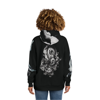 Unisex graphic hoodie in marble color with artistic room design – comfortable and stylish casual wear for men and women. Ideal for fashion-forward individuals seeking trendy streetwear with a unique artistic touch.