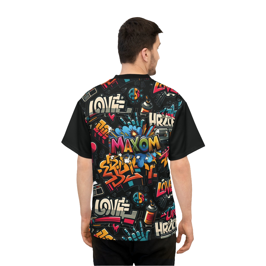 Graffiti Print Unisex Shirt – Trendy Urban Streetwear & Athletic Apparel for Men & Women. Cool graphic design with MAXOM logo and stickers, perfect for sporty and casual looks. Ideal for street style fashion, urban wear, and outdoor activities.