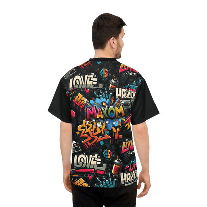 Graffiti Print Unisex Shirt – Trendy Urban Streetwear & Athletic Apparel for Men & Women. Cool graphic design with MAXOM logo and stickers, perfect for sporty and casual looks. Ideal for street style fashion, urban wear, and outdoor activities.