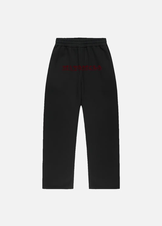 Front view of black unisex baggy sweatpants – fashion-forward heavyweight streetwear pants with relaxed silhouette.