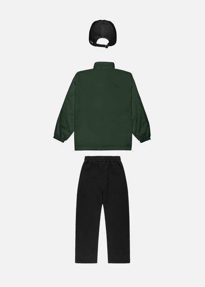 Backside of unisex streetwear bundle – forest green windbreaker with black joggers and baseball cap