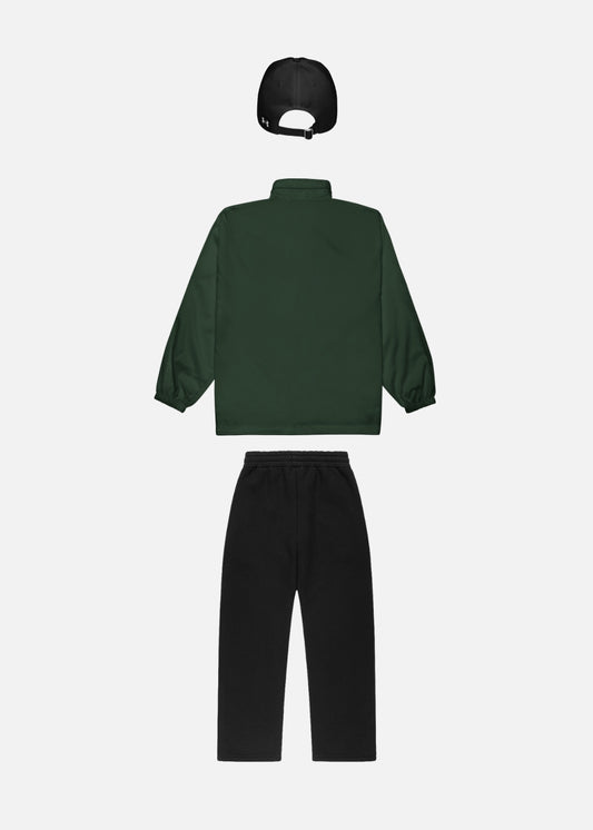 Backside of unisex streetwear bundle – forest green windbreaker with black joggers and baseball cap