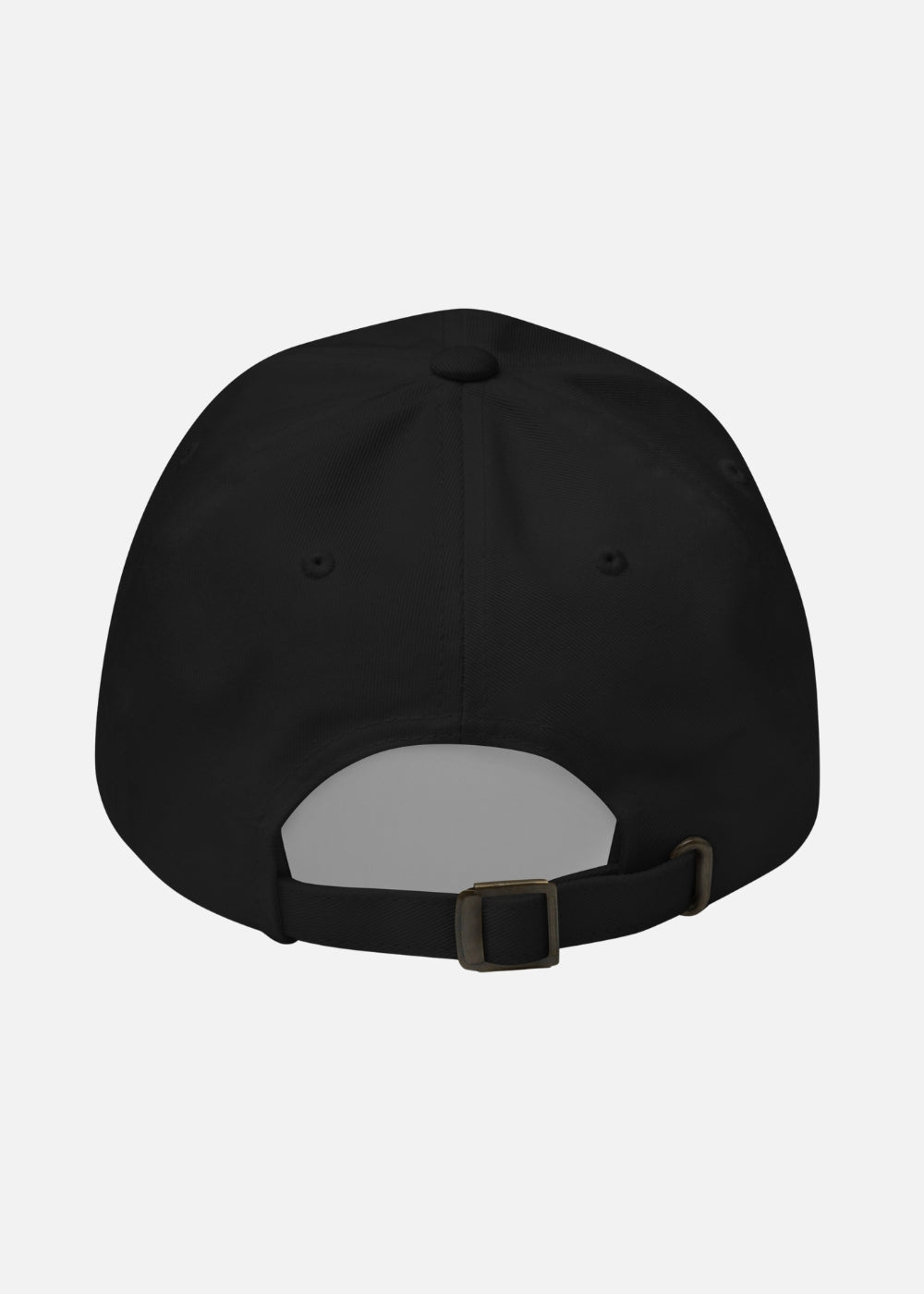 Rear view of black urban streetwear cap – adjustable metal buckle strap and premium cotton finish for a clean casual look.

