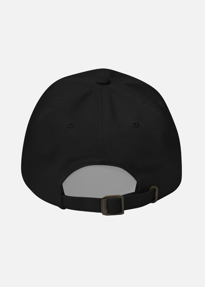 Rear view of black urban streetwear cap – adjustable metal buckle strap and premium cotton finish for a clean casual look.

