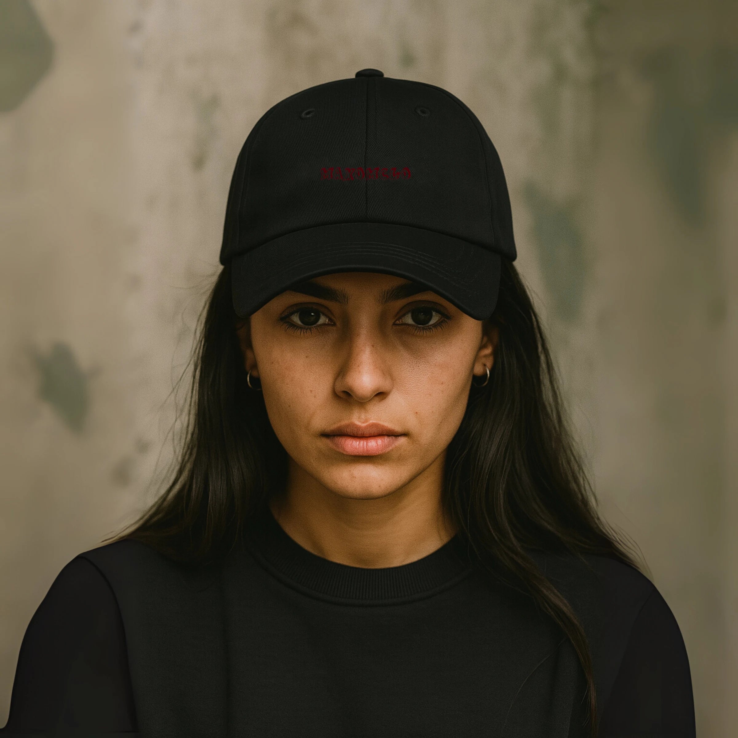 Woman wearing black unisex streetwear baseball cap with embroidered logo and HeatGear sweatband – ethically made adjustable cap for casual and active wear

